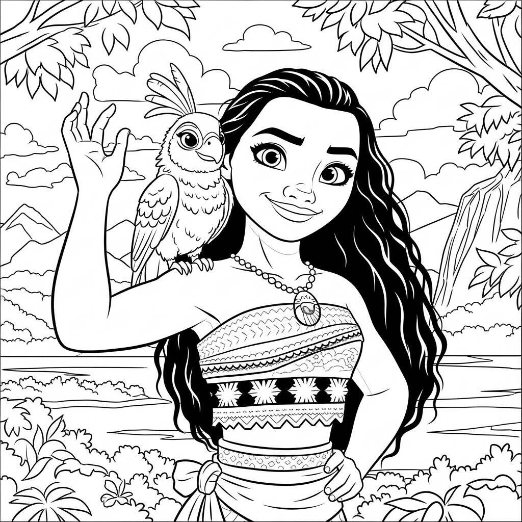 Coloriage Moana avec l'oiseau