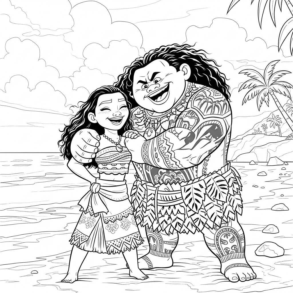 Coloriage Moana et l'amitié avec Maui