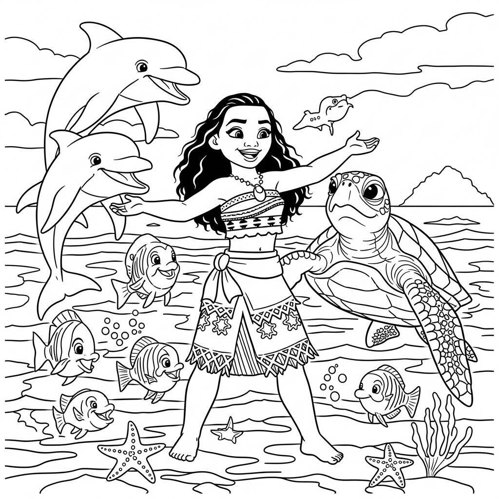 Coloriage Moana et l'amitié avec les animaux marins