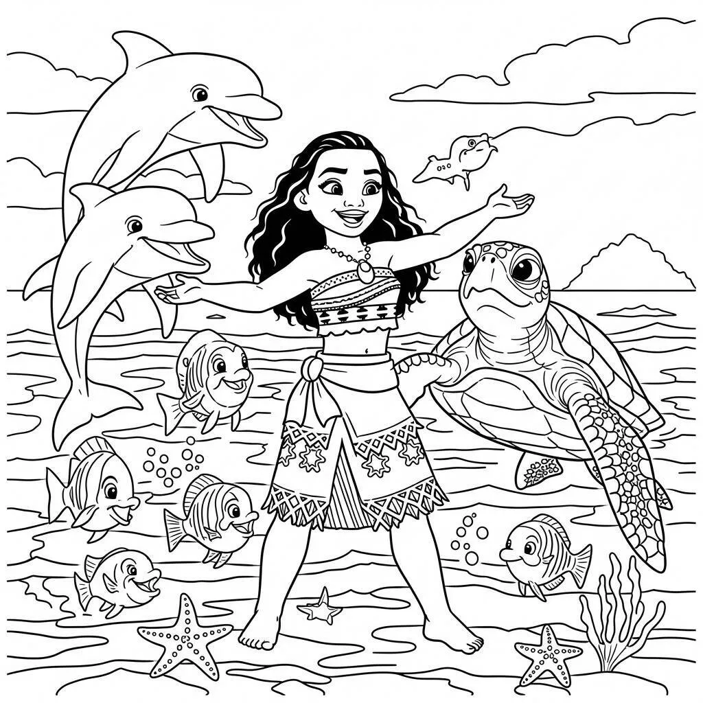 Desenho da Moana e a Amizade com os Animais Marinhos para Colorir