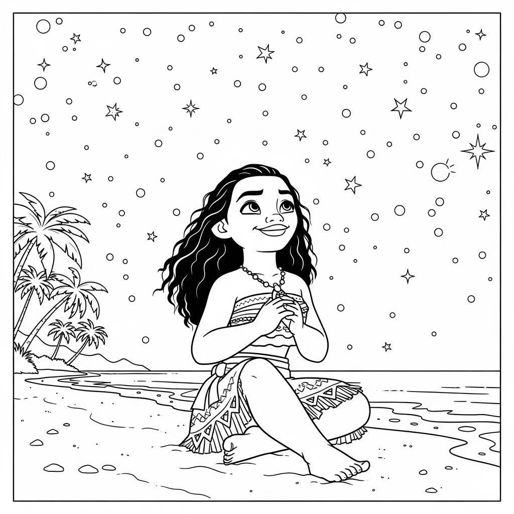 Coloriage Moana et les étoiles dans le ciel