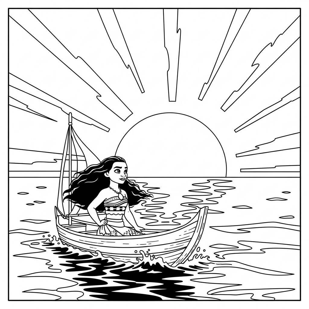 Coloriage Moana et le coucher du soleil