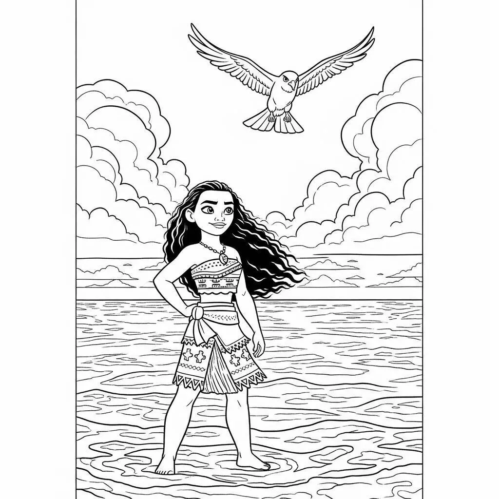 Desenho da Moana e o Vôo do Pássaro para Colorir