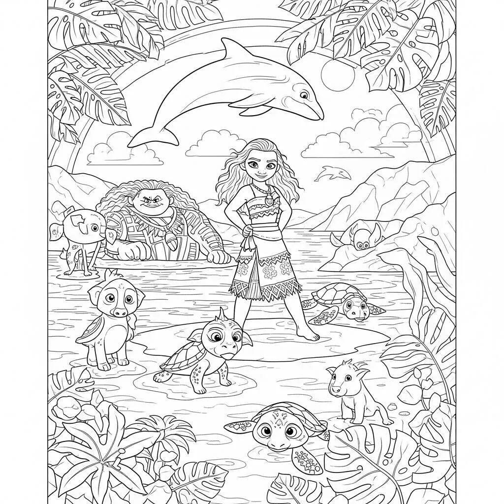 Desenho da Moana e os Animais da Ilha para Colorir
