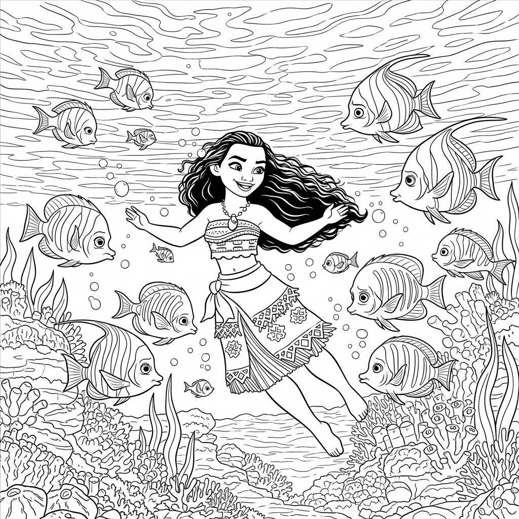 Coloriage Moana et le poisson coloré