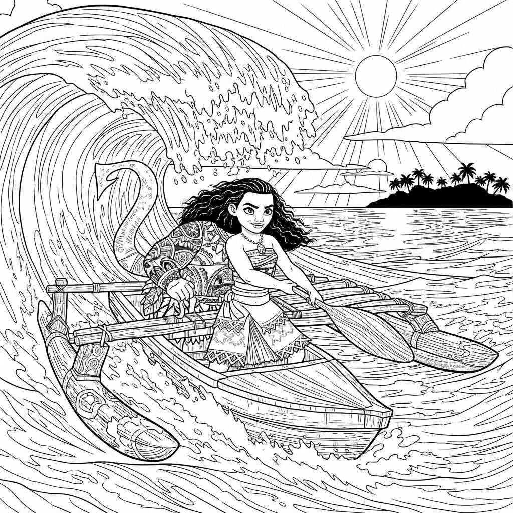 Coloriage Moana sur un bateau en bois