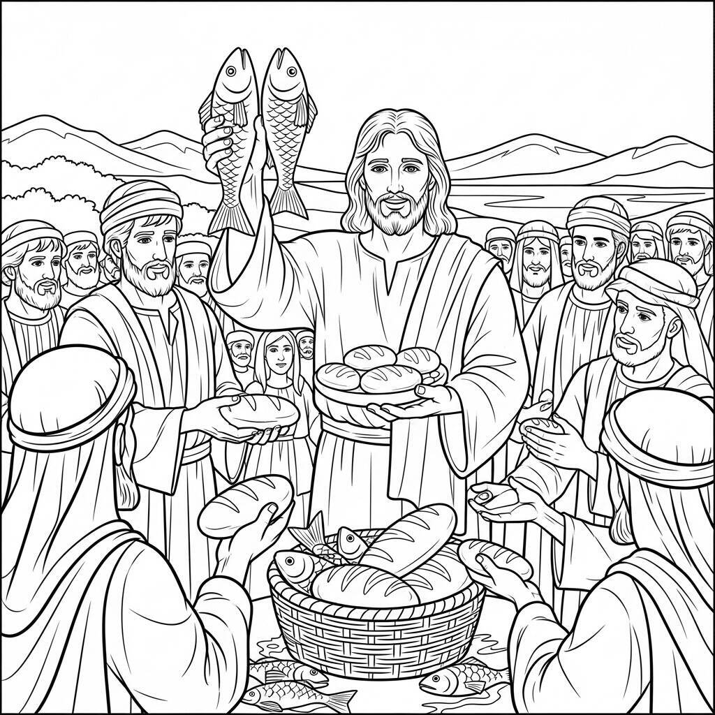 Coloriage Multiplication de pains et de poissons