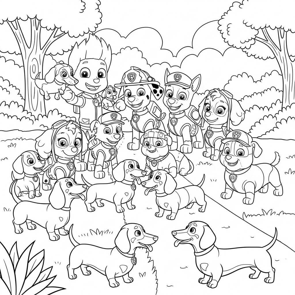 Desenho da Patrulha Canina com Cachorros Dachshund para Colorir