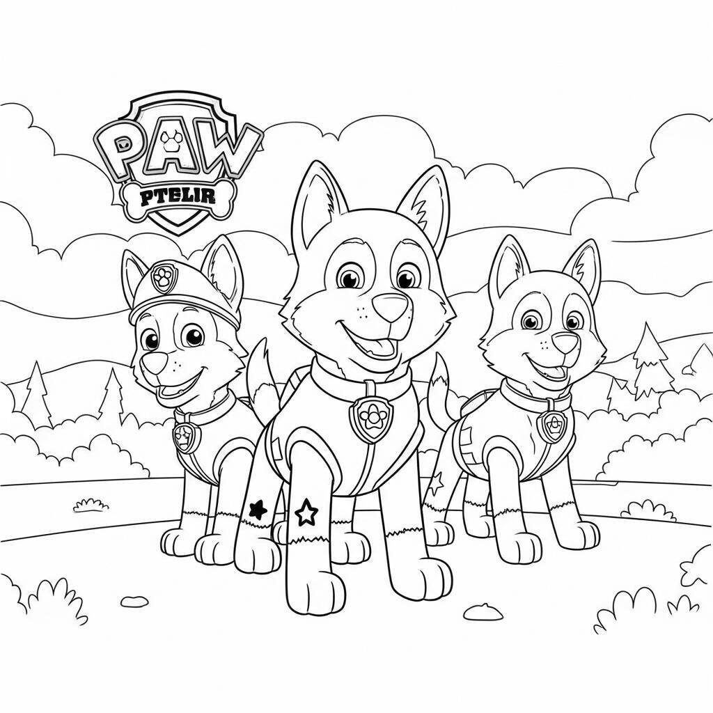 Desenho da Patrulha Canina com Cachorros Husky para Colorir