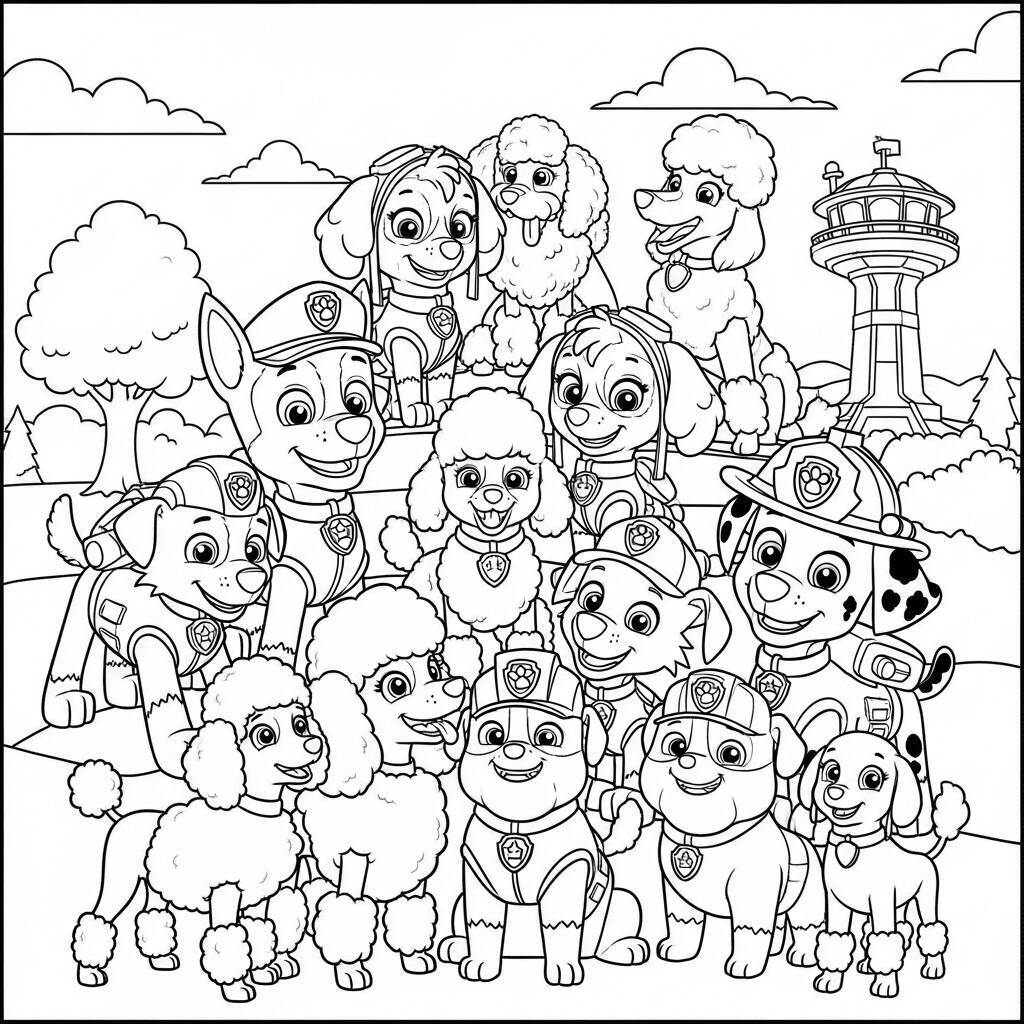 Desenho da Patrulha Canina com Cachorros Poodle para Colorir