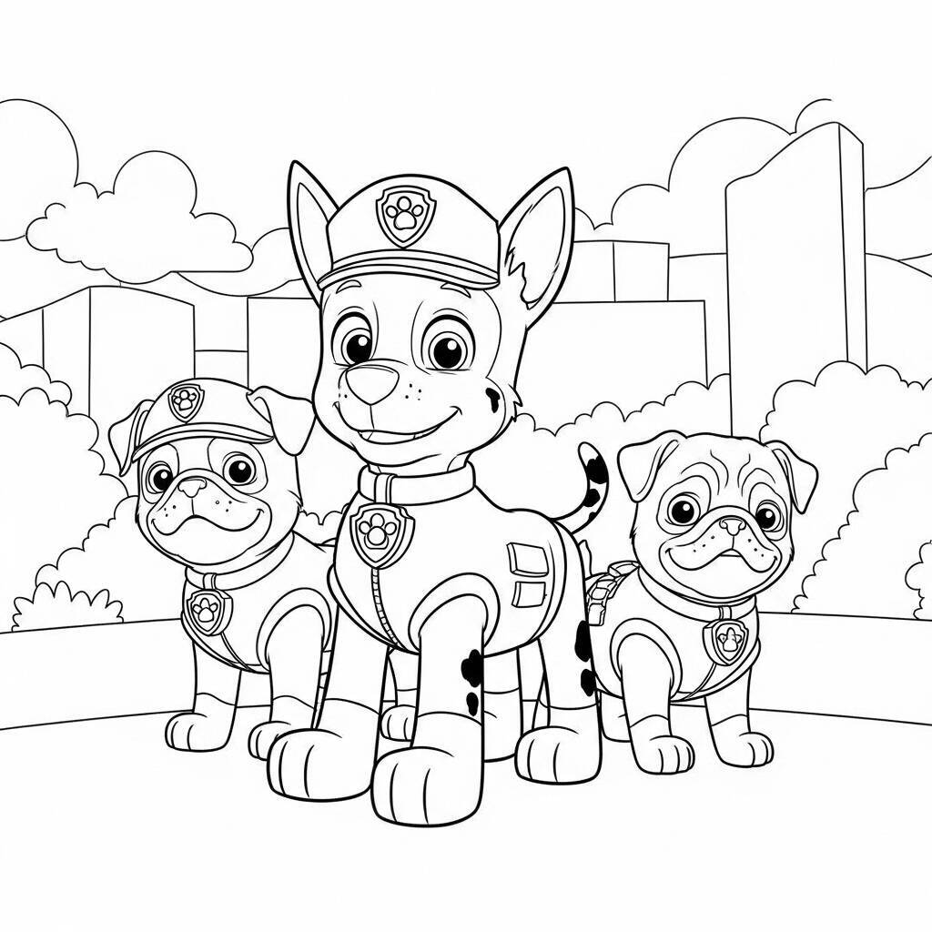 Desenho da Patrulha Canina com Cachorros Pug para Colorir