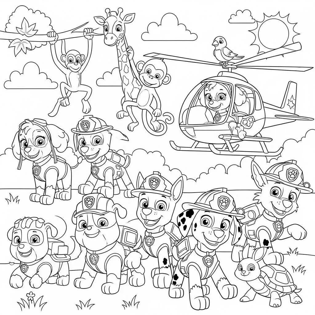 Desenho da Patrulha Canina com Cães e Animais para Colorir