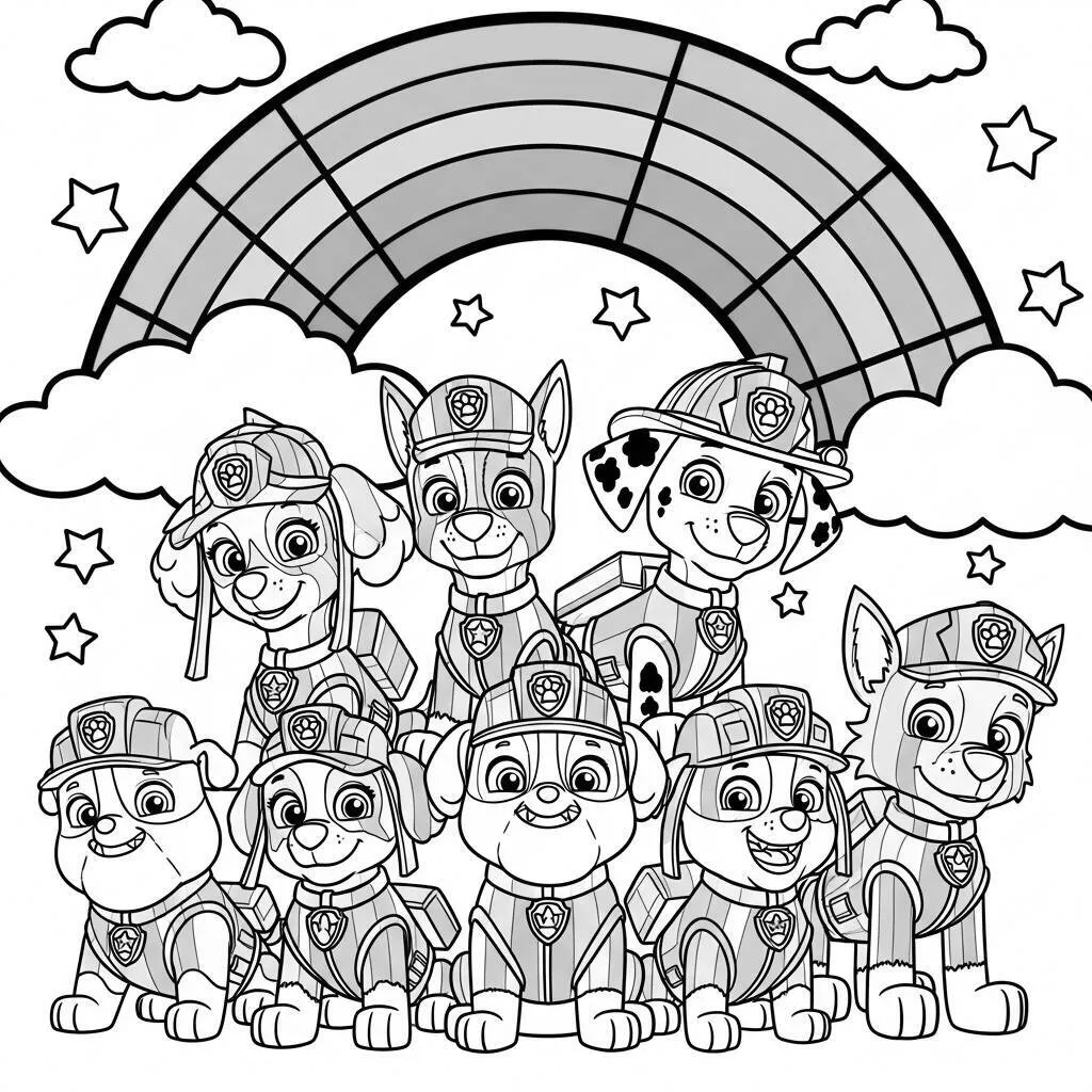 Desenho da Patrulha Canina com Cães e Arco-íris para Colorir