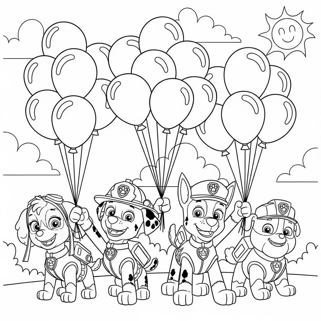 Desenho da Patrulha Canina com Cães e Balões para Colorir