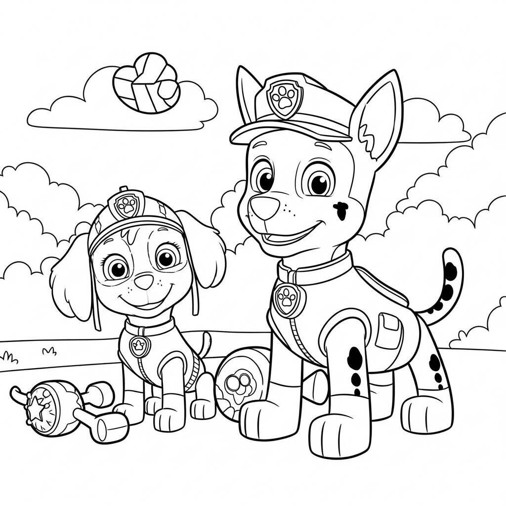 Desenho da Patrulha Canina com Cães e Brinquedos para Colorir