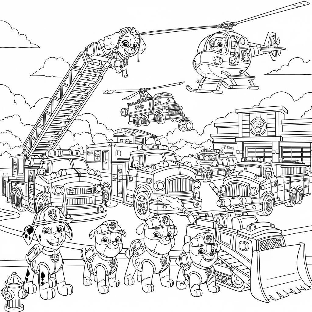 Desenho da Patrulha Canina com Cães e Carros de Bombeiros para Colorir