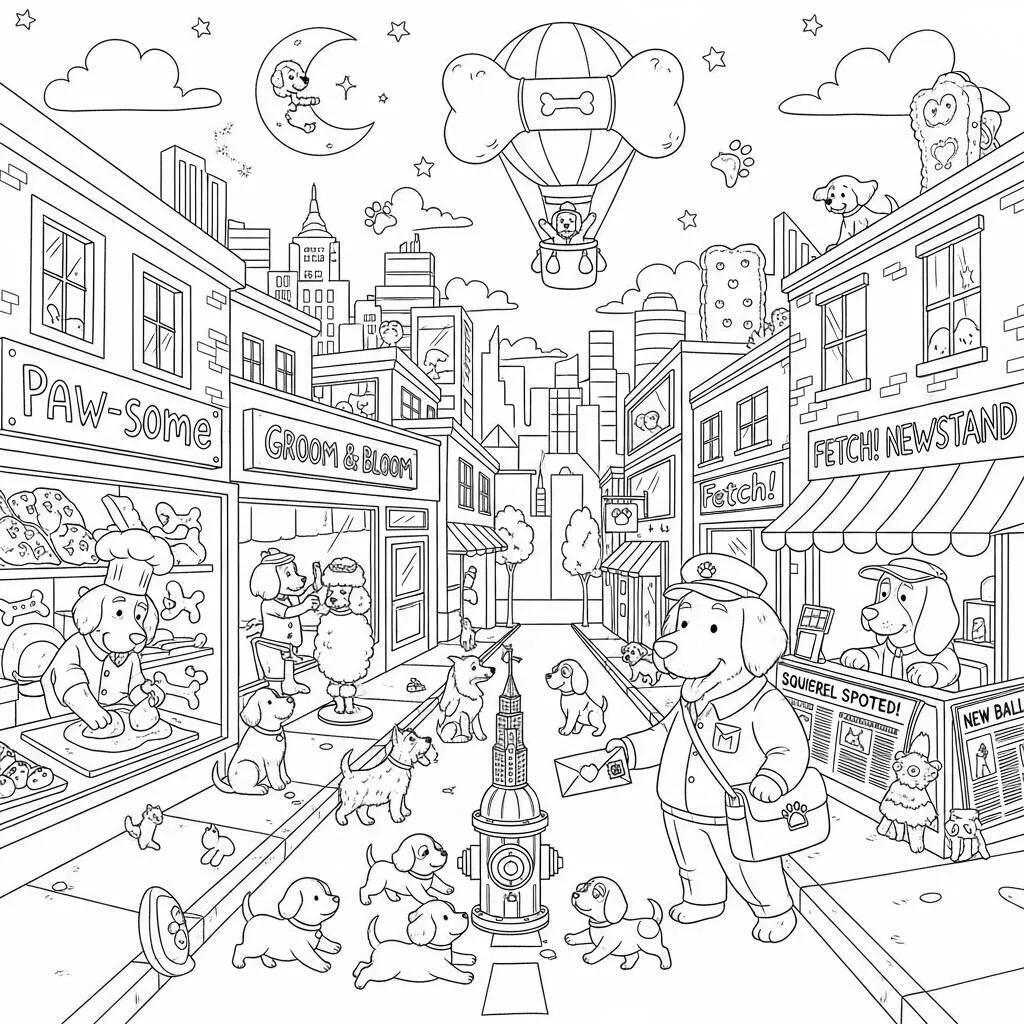 Desenho da Patrulha Canina com Cães e Cidades para Colorir