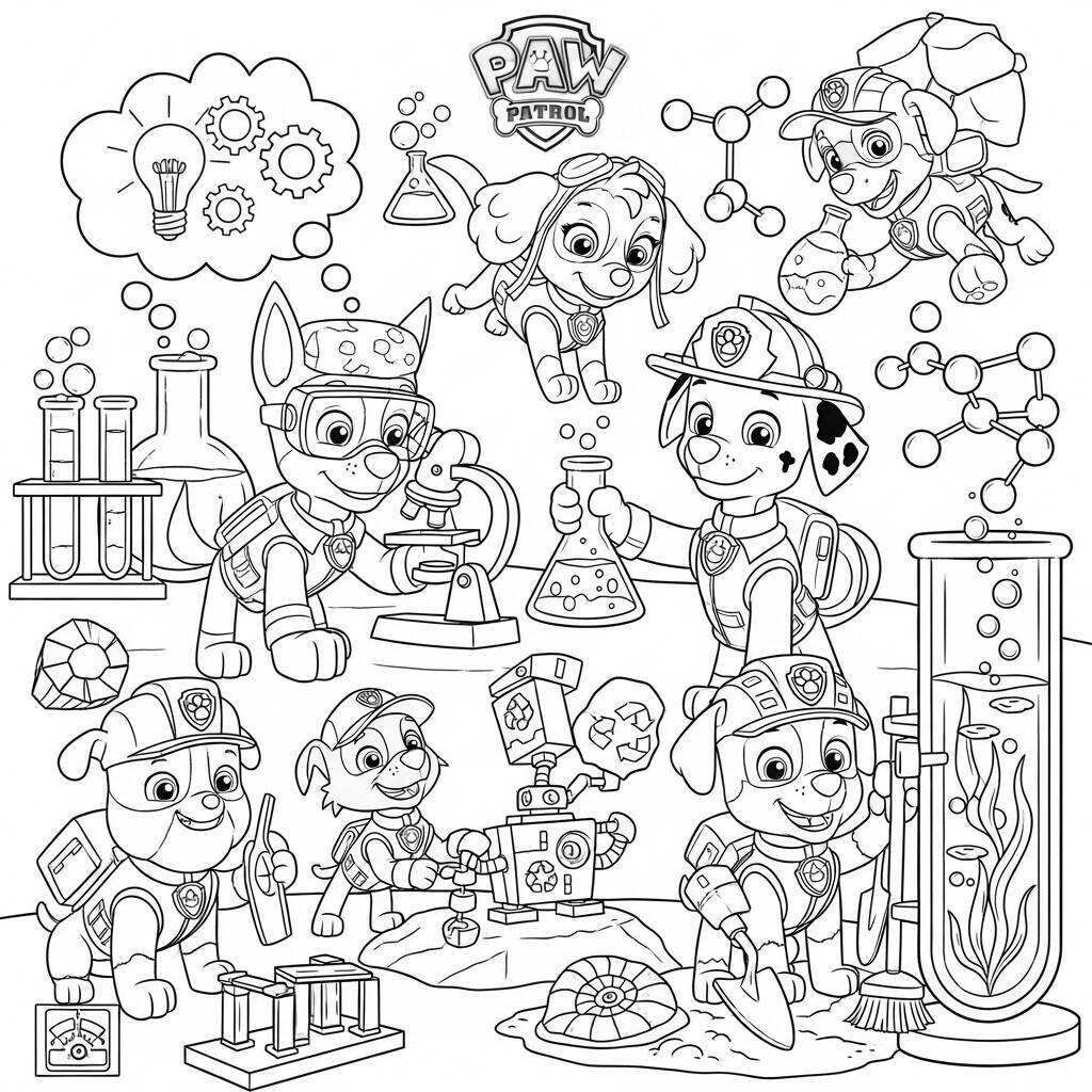 Desenho da Patrulha Canina com Cães e Ciência para Colorir