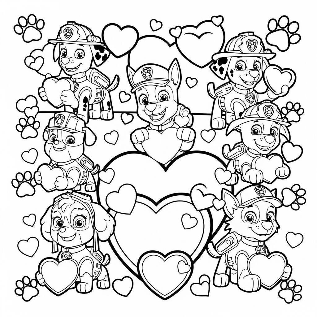 Desenho da Patrulha Canina com Cães e Corações para Colorir