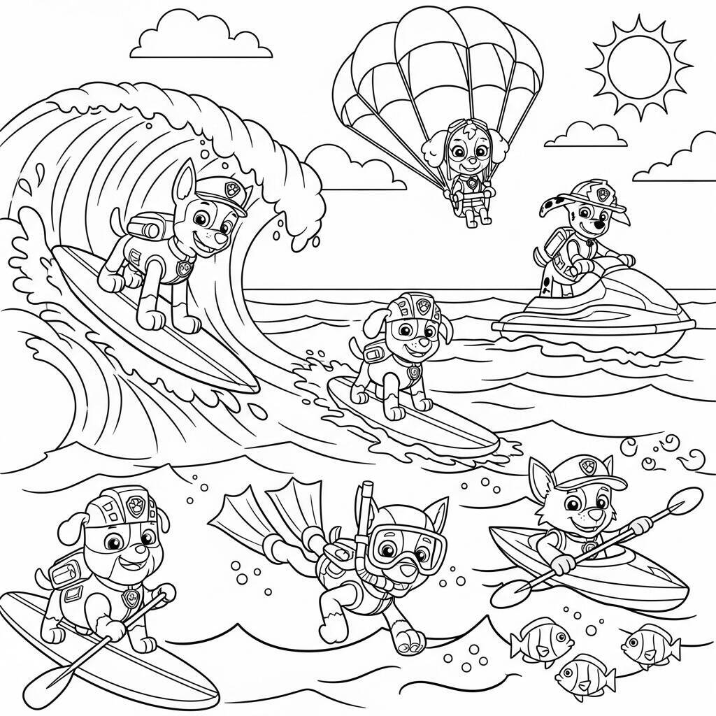 Desenho da Patrulha Canina com Cães e Esportes Aquáticos para Colorir