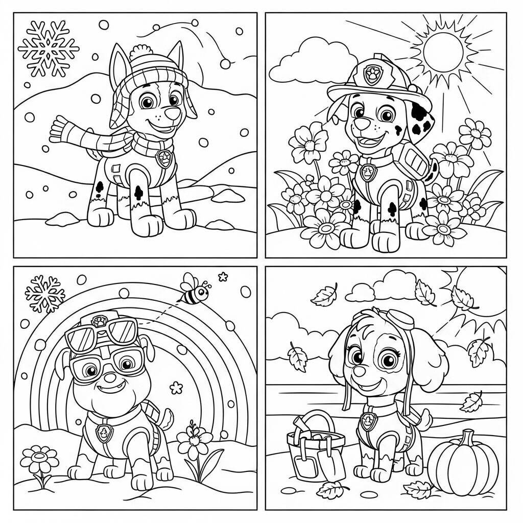 Desenho da Patrulha Canina com Cães e Estações do Ano para Colorir