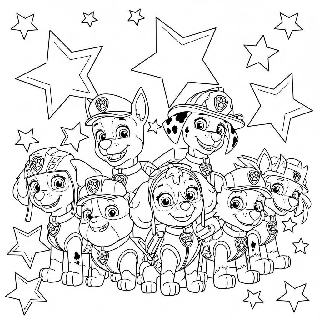 Desenho da Patrulha Canina com Cães e Estrelas para Colorir