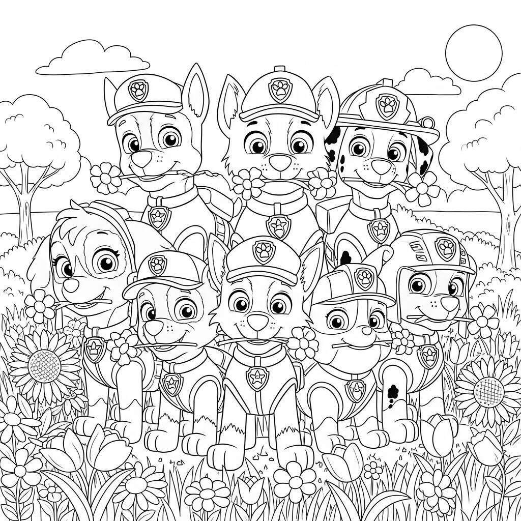 Desenho da Patrulha Canina com Cães e Flores para Colorir