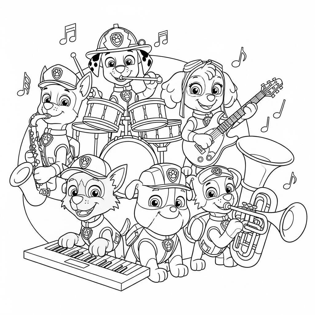 Desenho da Patrulha Canina com Cães e Música para Colorir