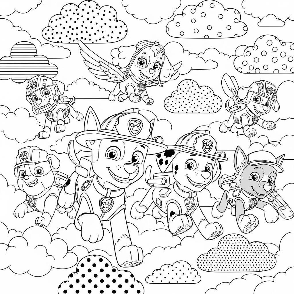 Desenho da Patrulha Canina com Cães e Nuvens para Colorir