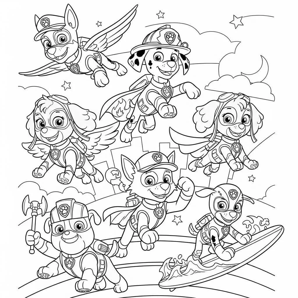 Desenho da Patrulha Canina com Cães e Super-Heróis para Colorir