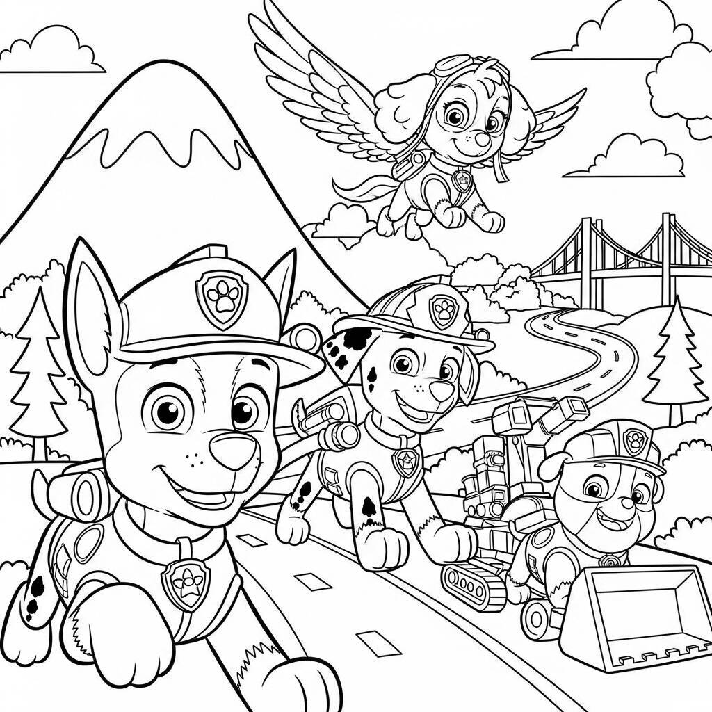 Desenho da Patrulha Canina com Cães em Aventura para Colorir