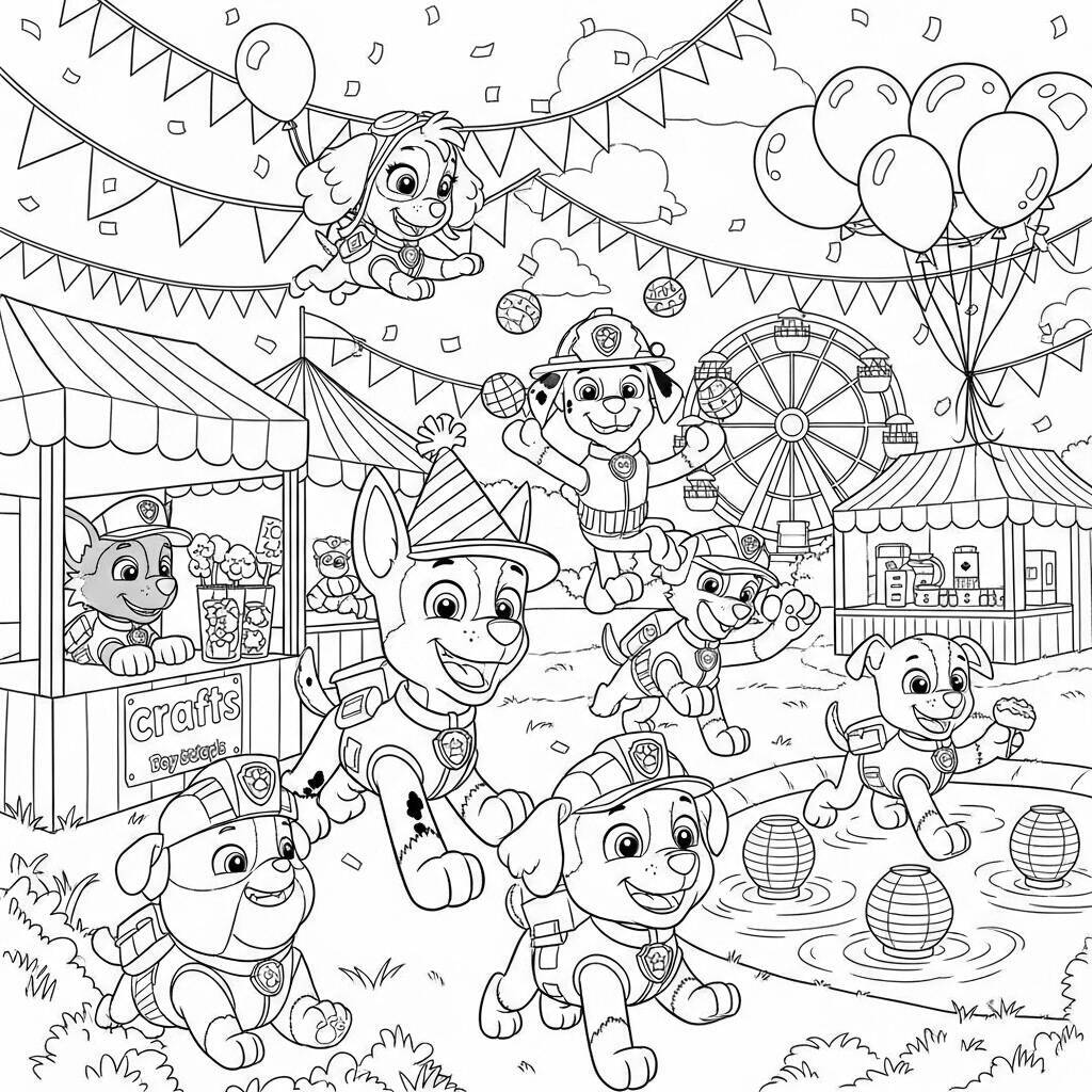 Desenho da Patrulha Canina com Cães em um Festival para Colorir