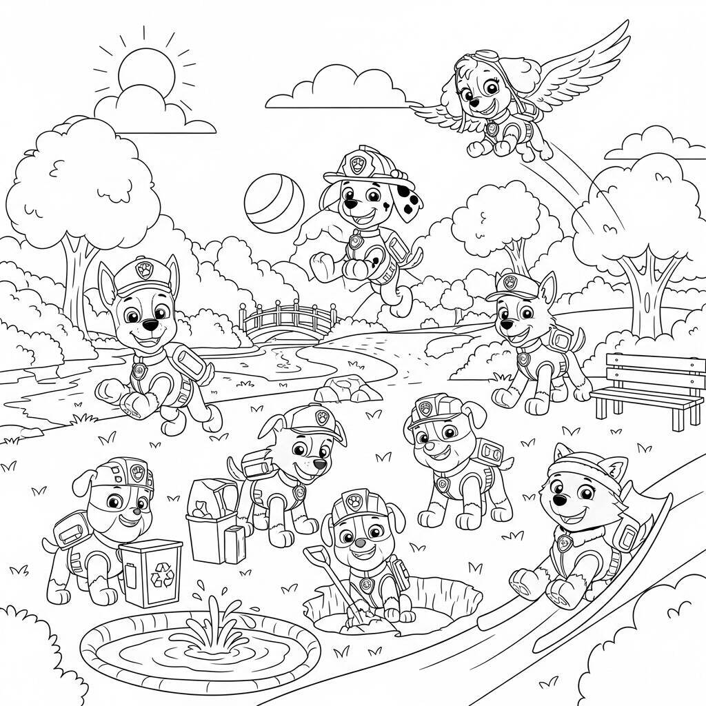 Desenho da Patrulha Canina com Cães em um Parque para Colorir
