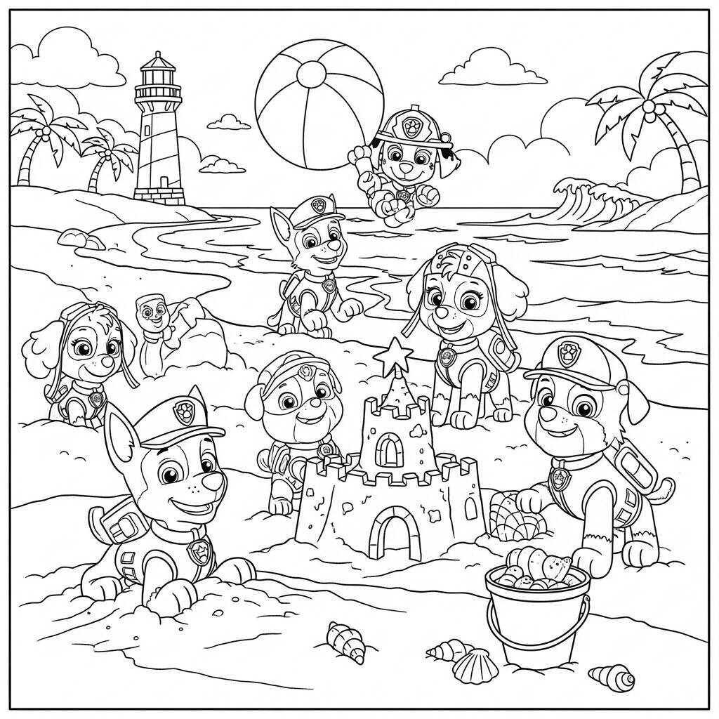 Desenho da Patrulha Canina com Cães na Praia para Colorir