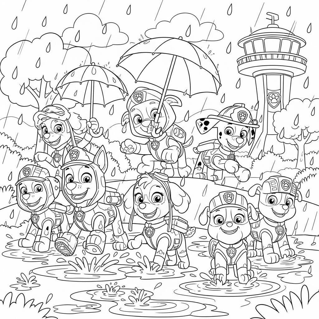 Desenho da Patrulha Canina em um Dia de Chuva para Colorir