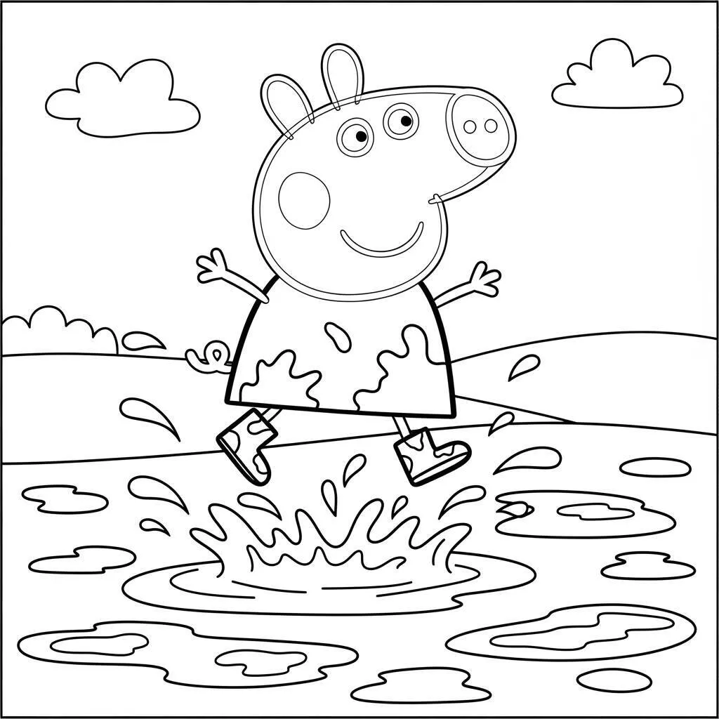 Desenho da Peppa Pig Brincando na Lama para Colorir