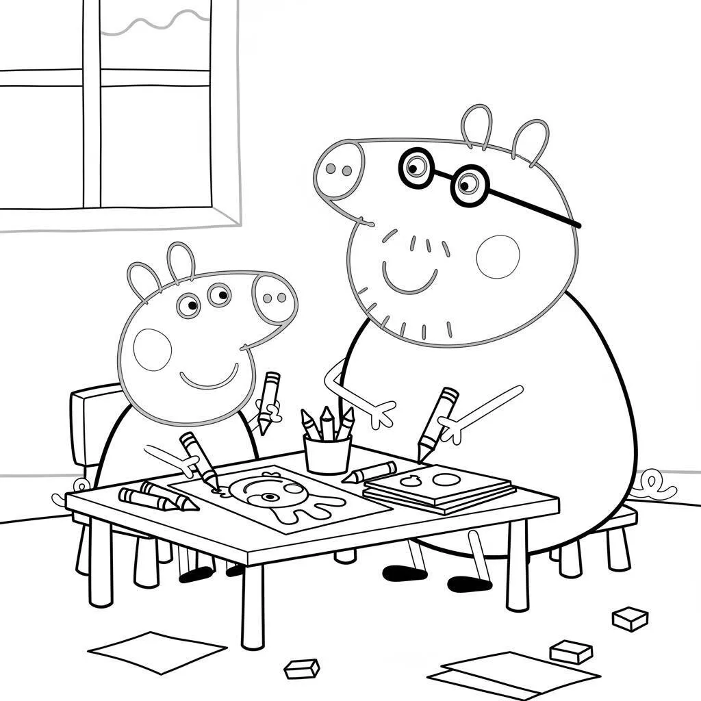 Desenho da Peppa Pig com o Papai Pig para Colorir
