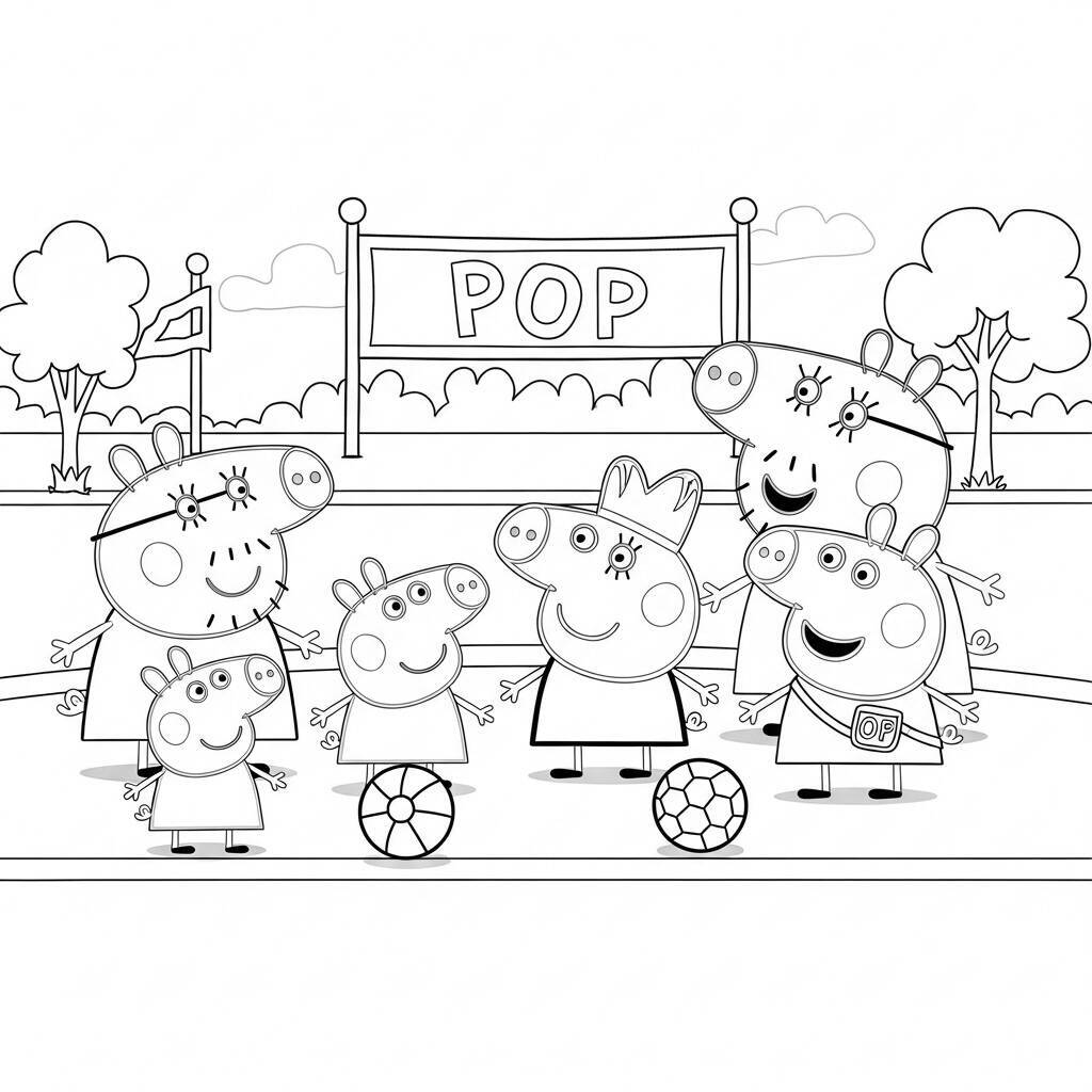 Desenho da Peppa Pig e Seus Amigos em um Evento de Esportes para Colorir