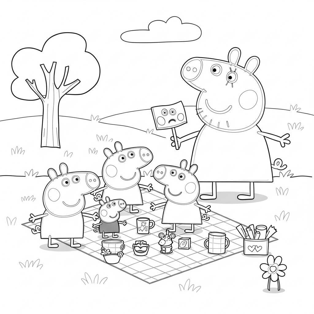 Desenho da Peppa Pig e a Família em um Piquenique para Colorir