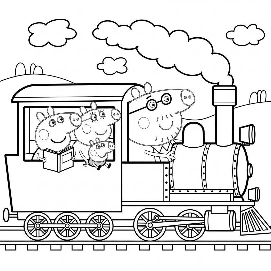 Desenho da Peppa Pig e a Família em um Trem para Colorir