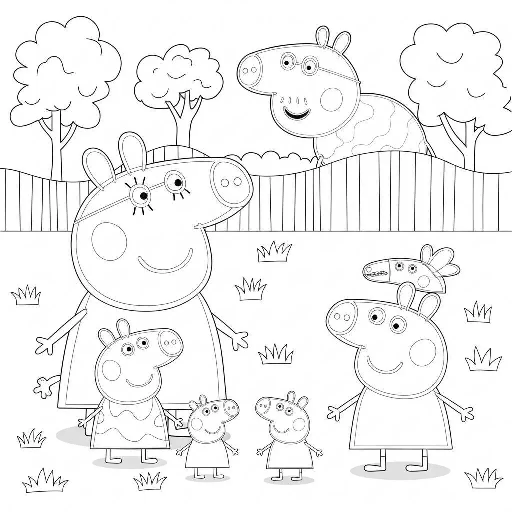 Desenho da Peppa Pig e a Família no Zoológico para Colorir