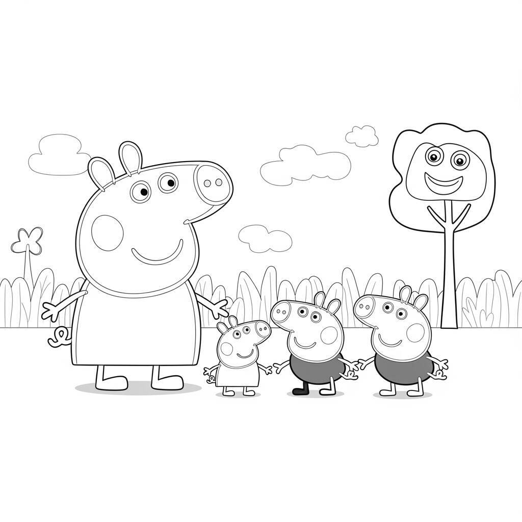 Desenho da Peppa Pig e a Família para Colorir
