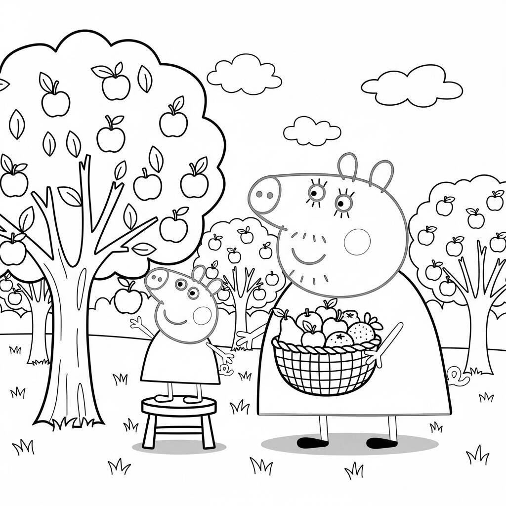 Desenho da Peppa Pig e a Mamãe Pig Colhendo Frutas para Colorir