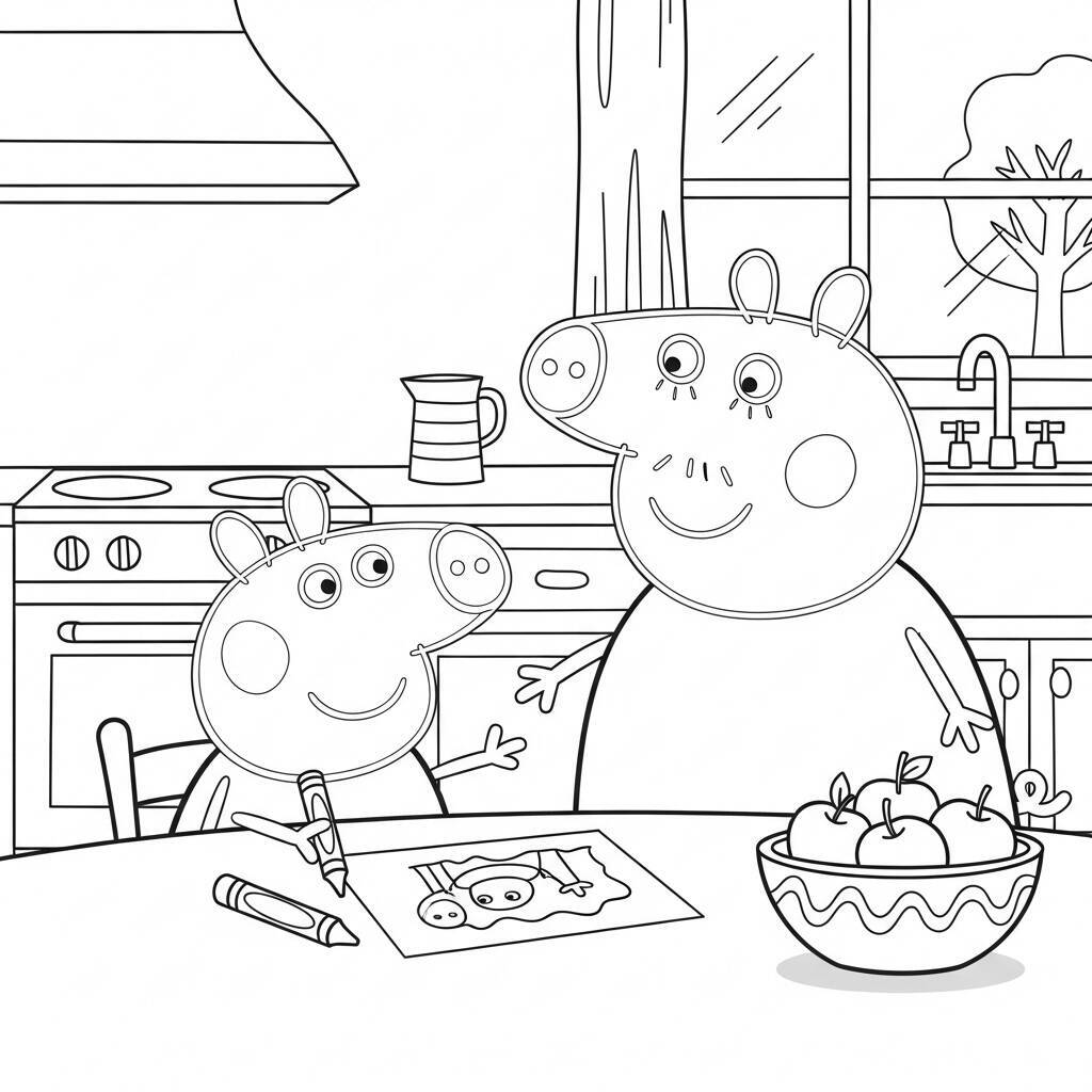 Desenho da Peppa Pig e a Mamãe Pig na Cozinha para Colorir