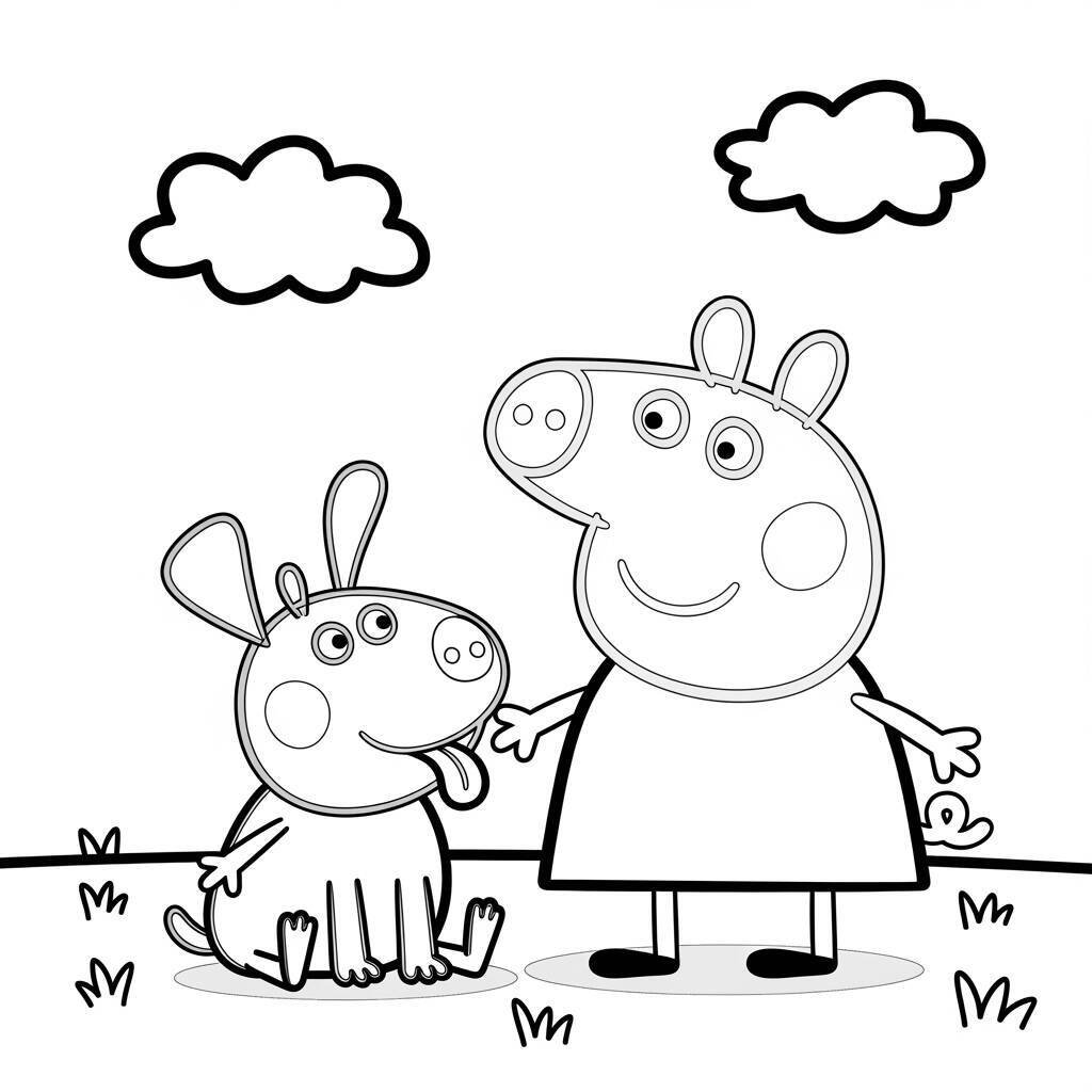 Desenho da Peppa Pig e o Cachorrinho para Colorir