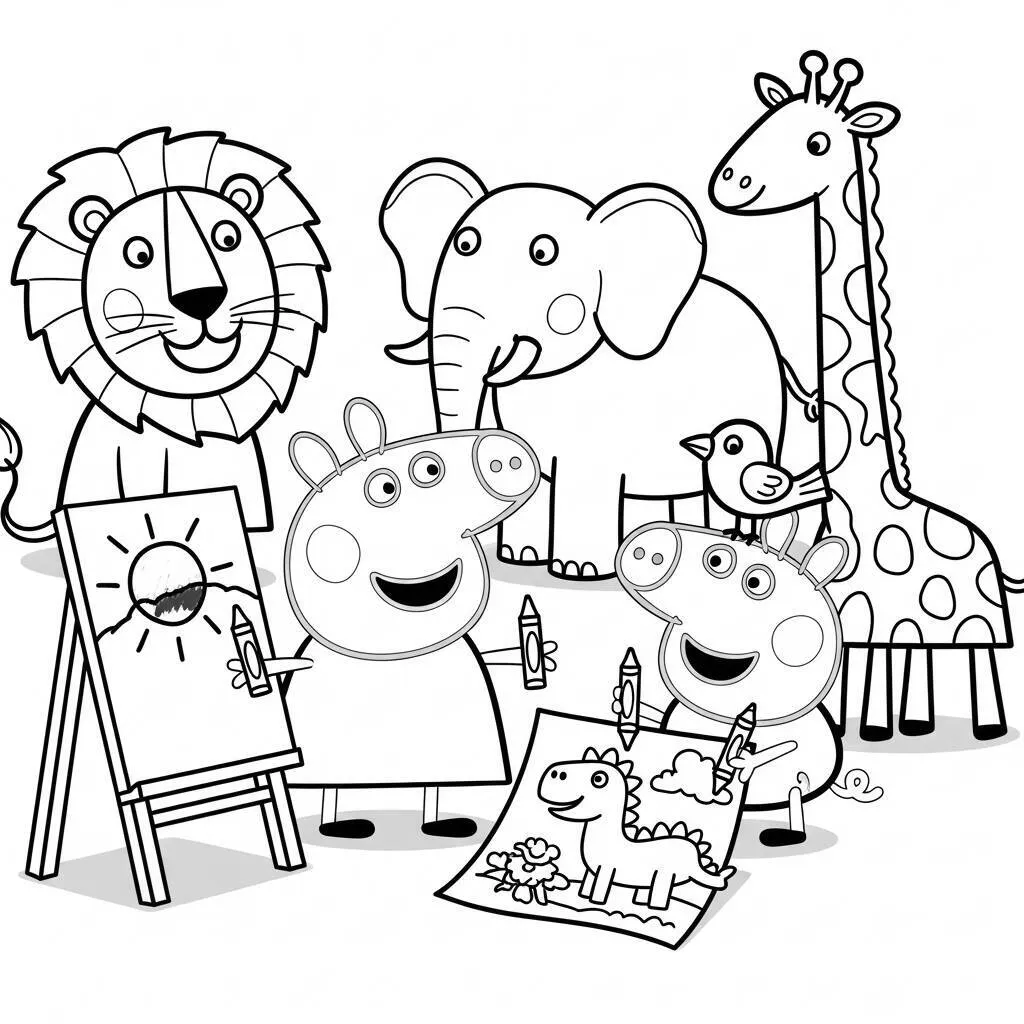 Desenho da Peppa Pig e o George Brincando com Animais para Colorir