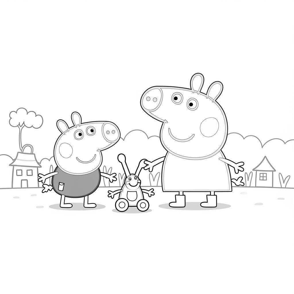 Desenho da Peppa Pig e o George Brincando com Brinquedos para Colorir