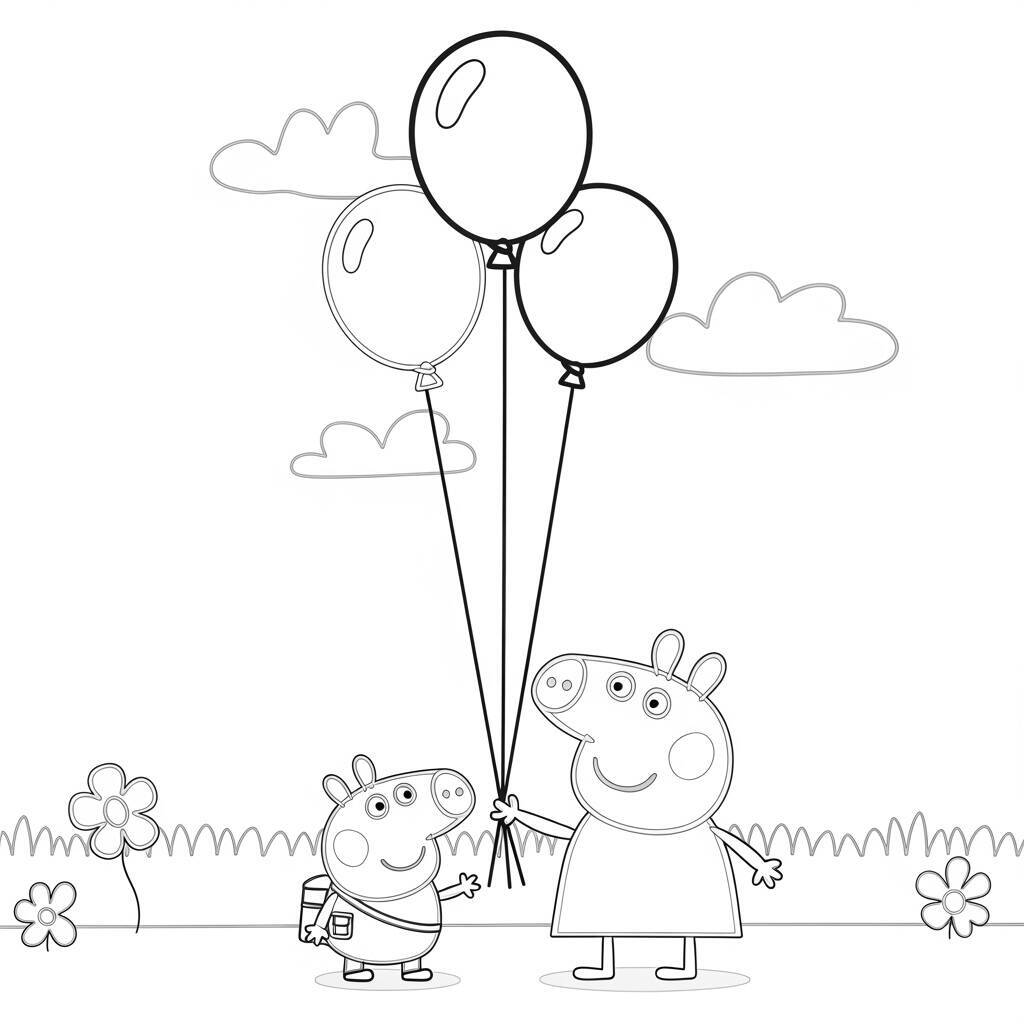 Desenho da Peppa Pig e o George com Balões para Colorir