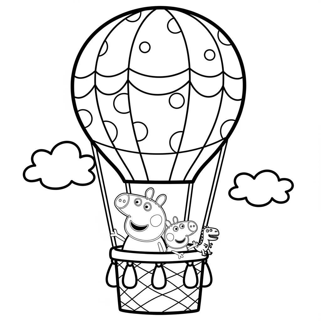 Desenho da Peppa Pig e o George em um Balão de Ar Quente para Colorir
