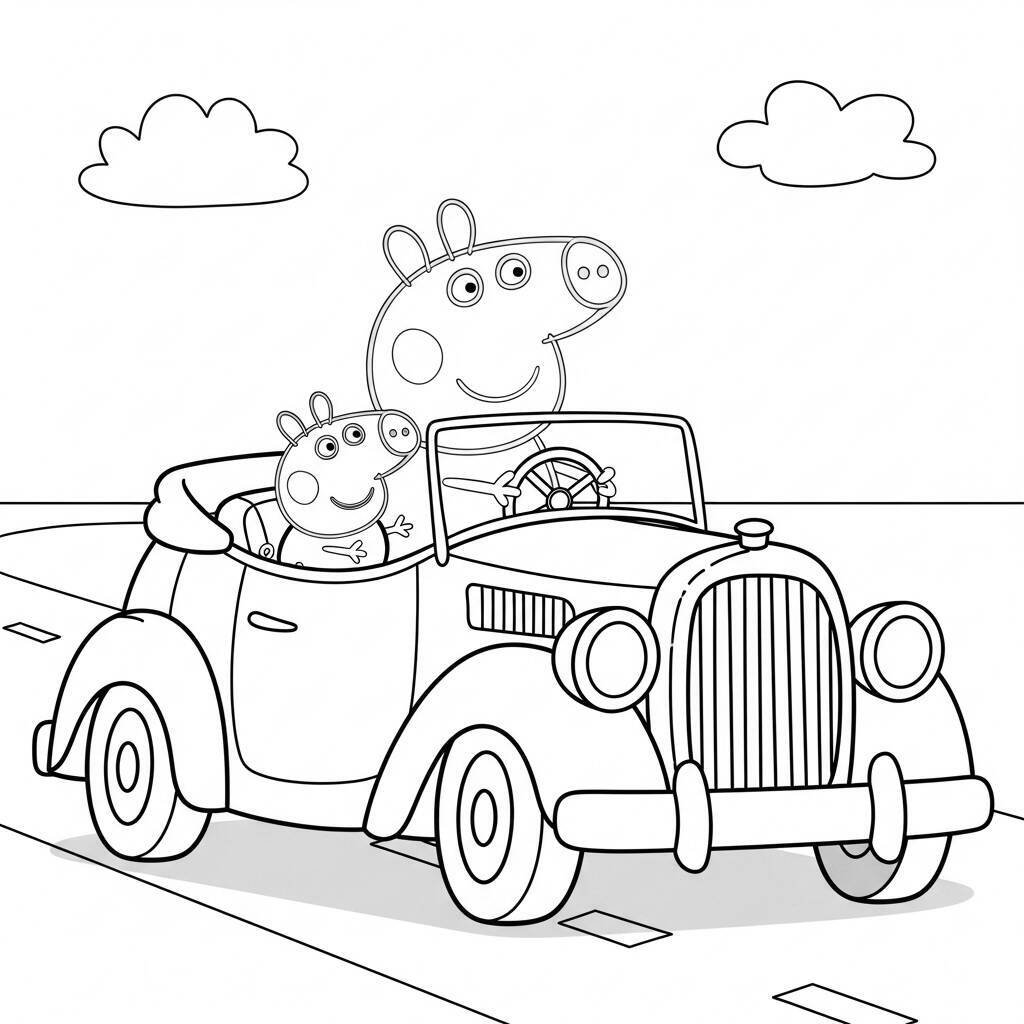 Desenho da Peppa Pig e o George em um Carro para Colorir